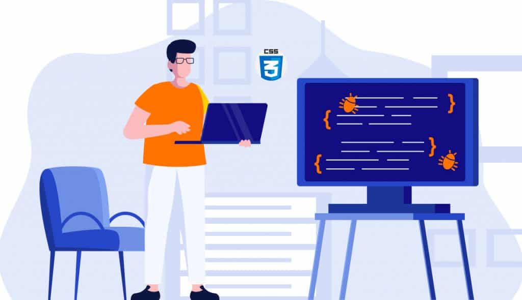 Un développeur corrigeant des bugs dans du code CSS sur un écran d'ordinateur