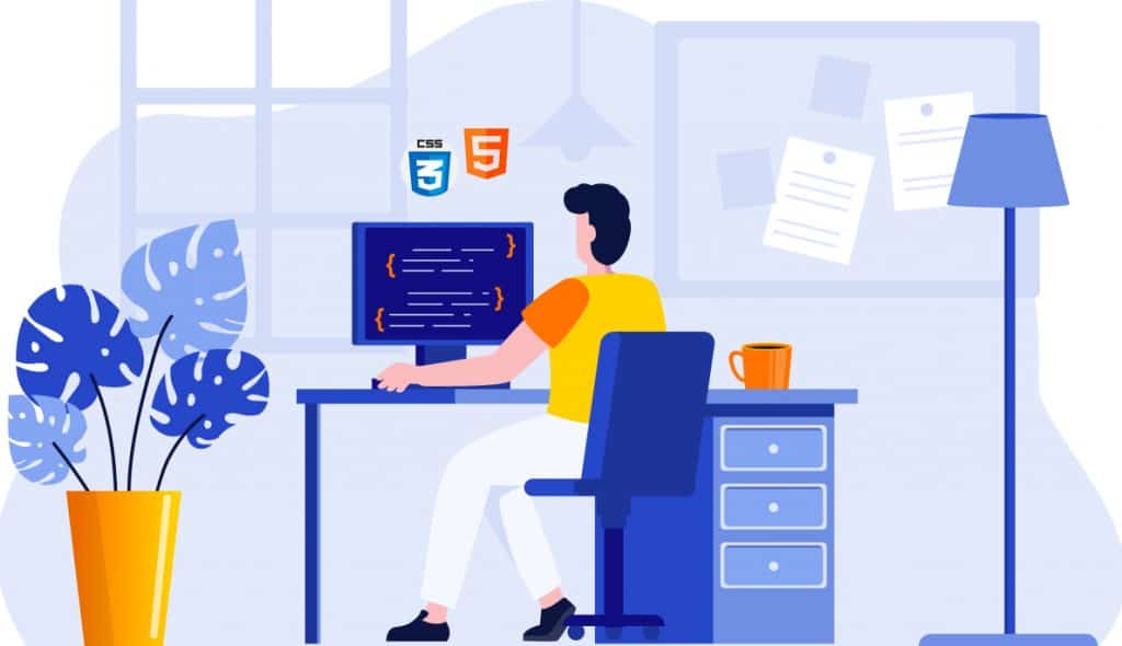 Développeur codant du CSS sur un ordinateur, avec les logos CSS3 et HTML5, illustrant la sécurité du code