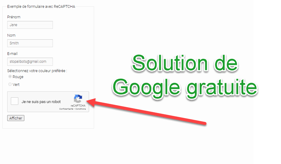 Capture d'écran : Formulaire de contact WordPress avec reCAPTCHA v2 et texte « Solution de Google gratuite »