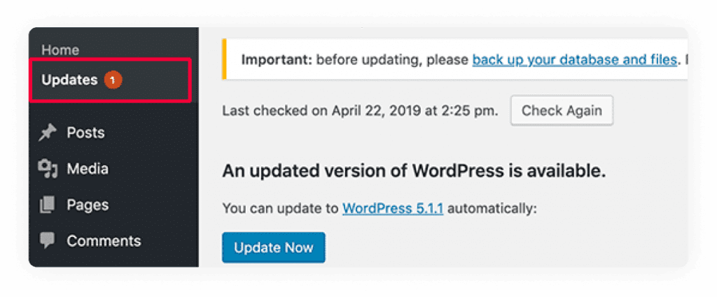 Capture d'écran : Tableau de bord WordPress affichant la section Mises à jour avec un bouton « Mettre à jour maintenant »