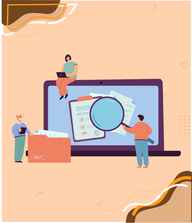 Illustration de personnes examinant des documents et des journaux sur un ordinateur portable avec une loupe