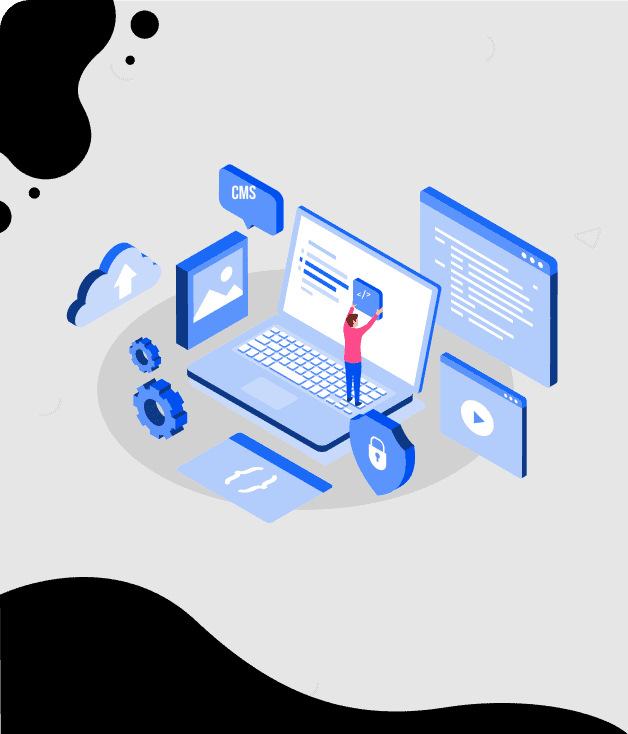 Illustration isométrique d'un développeur sur un ordinateur portable avec des icônes de sécurité, CMS, code et cloud