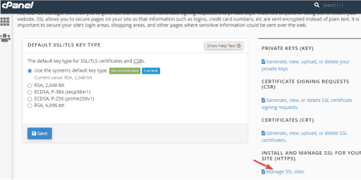 Capture d'écran : cPanel, section SSL/TLS, avec flèche rouge pointant vers « Manage SSL sites »