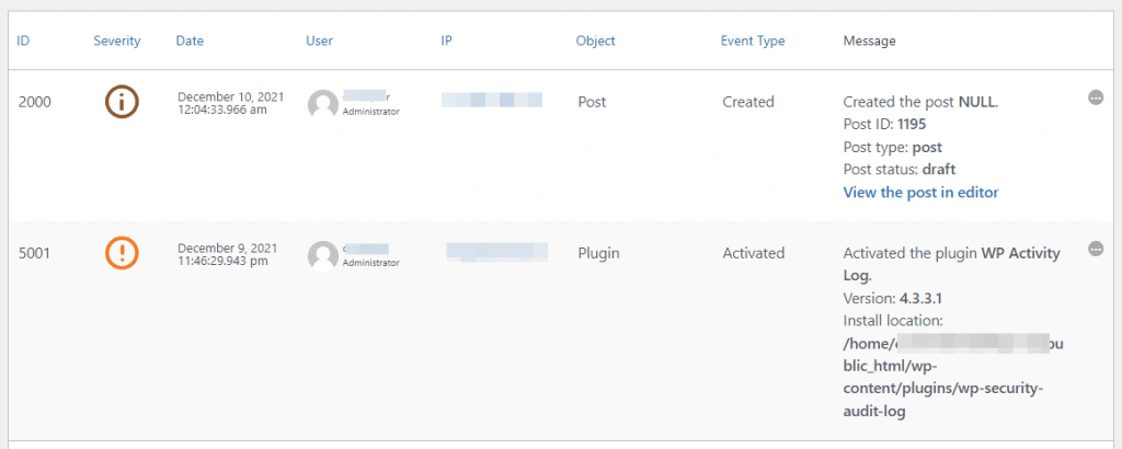 Capture d'écran : Journal d'activité WordPress affichant la création d'un brouillon et l'activation d'un plugin