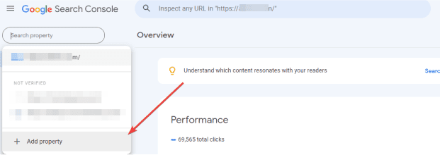 Capture d'écran : Google Search Console, menu « Add property » pour ajouter la version HTTPS du site