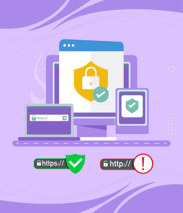 Illustration de la sécurité HTTPS avec un cadenas et un bouclier, contrastant avec HTTP non sécurisé et un avertissement