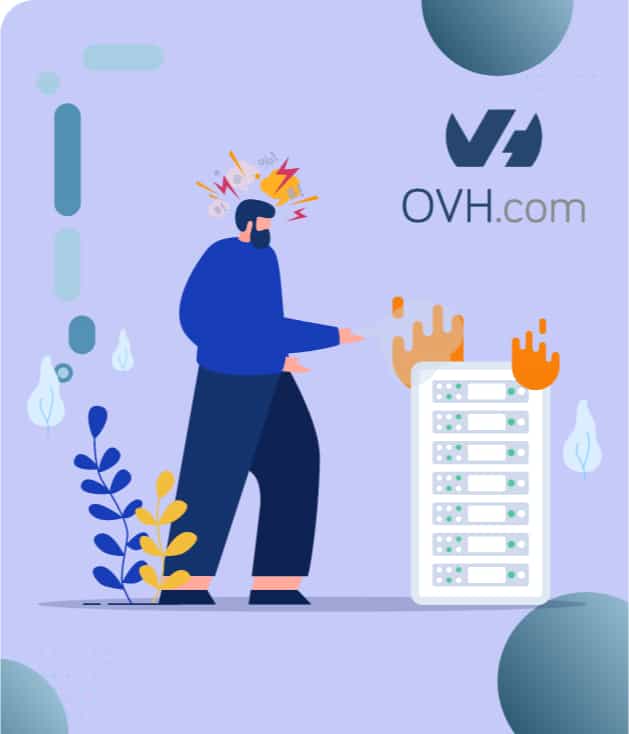 Un homme éteint un feu sur un serveur OVH.com, symbolisant la gestion d'une crise de sécurité de site WordPress