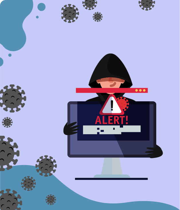 Hacker avec un écran d'ordinateur affichant « ALERT! », entouré de virus et d'éléments de design abstraits