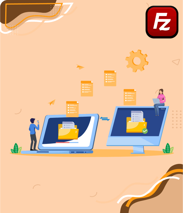 Illustration de transfert de fichiers entre un ordinateur portable et un moniteur, avec le logo FileZilla en haut à droite