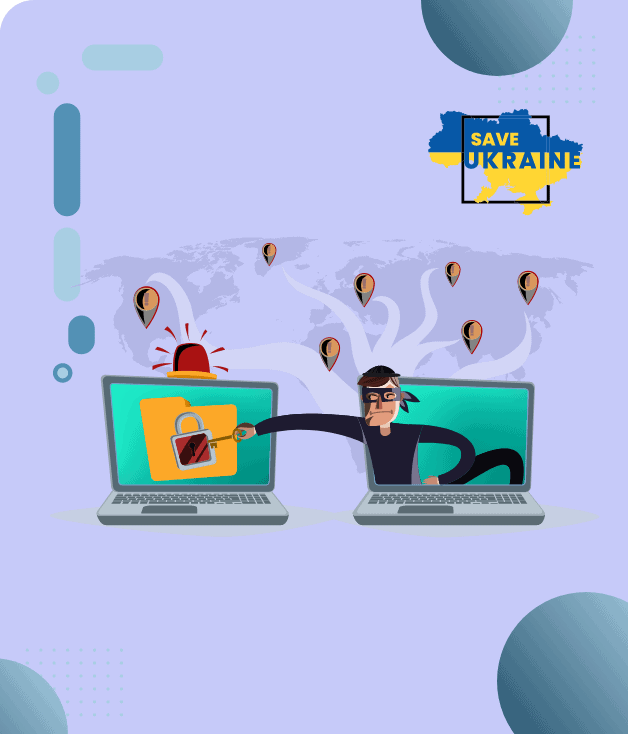 Un hacker volant des données d'un ordinateur, avec une carte de l'Ukraine « Save Ukraine » en arrière-plan