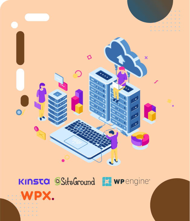 Illustration isométrique de serveurs, cloud, ordinateurs portables et personnes, avec logos d'hébergeurs WordPress