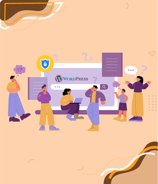 Illustration de personnes perplexes autour d'un écran WordPress avec un cadenas, symbolisant la sécurité et les questions