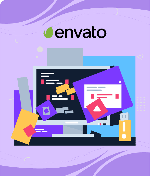 Logo Envato, écran d'ordinateur avec code et fenêtres, clé USB, formes géométriques sur fond violet