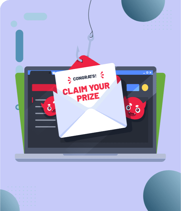 Un hameçon sortant d'un ordinateur portable, attrapant une enveloppe avec « CLAIM YOUR PRIZE » et des démons rouges