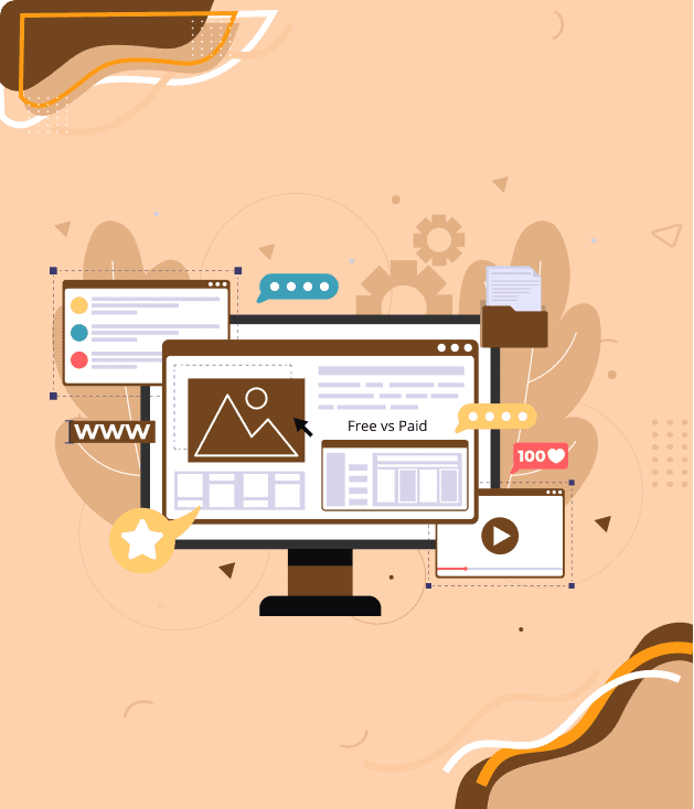Illustration d'un écran d'ordinateur affichant des éléments de site web, avec « Free vs Paid » et des icônes de sécurité