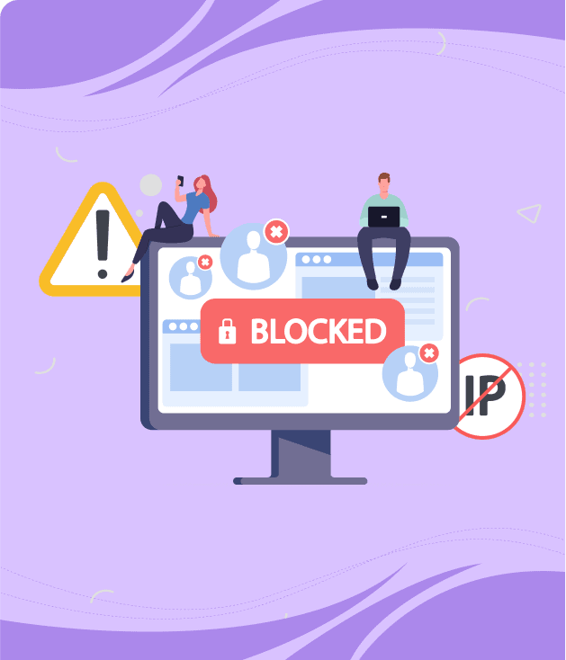 Illustration d'un écran d'ordinateur affichant « BLOCKED », avec des utilisateurs bloqués et un panneau « IP » barré