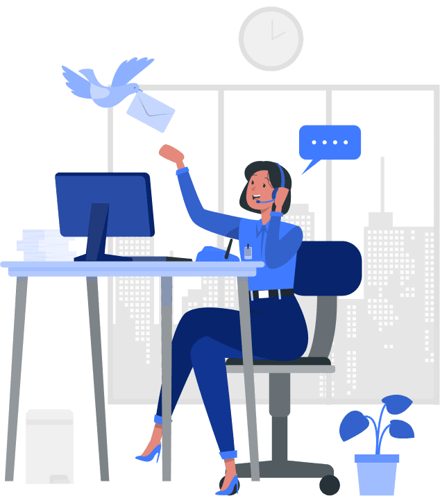 Agent de support client avec casque, ordinateur, et oiseau livrant un email, symbolisant la communication rapide