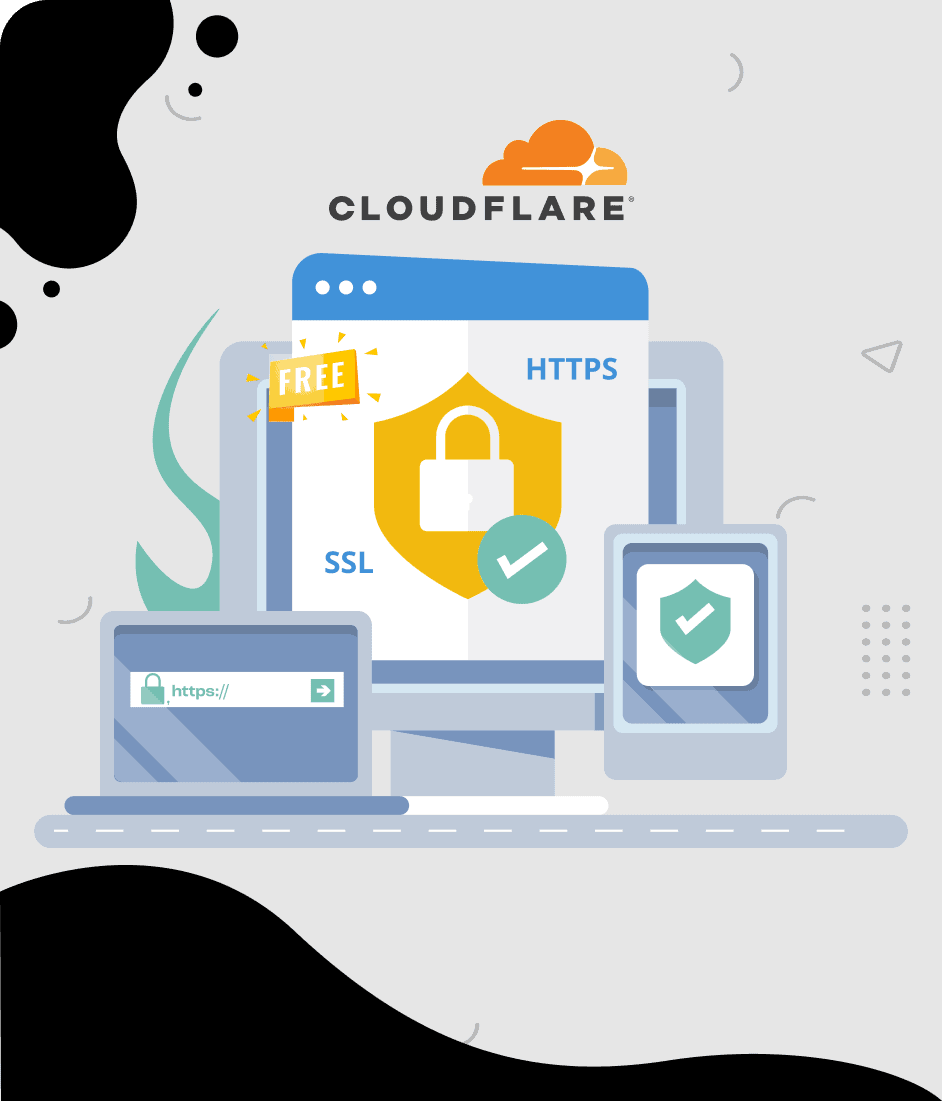 Logo Cloudflare, ordinateur avec cadenas SSL HTTPS gratuit, tablette avec bouclier de sécurité