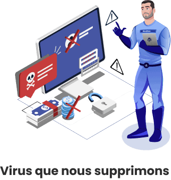Un super-héros WordPress protège un site attaqué par des virus, spams et backdoors, symbolisés par des icônes de danger