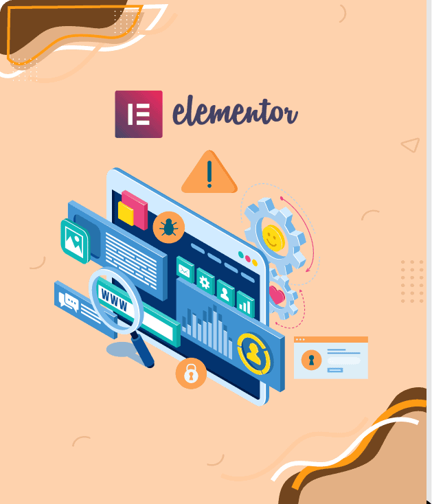 Logo Elementor avec icônes de sécurité, bug, loupe et cadenas, symbolisant un problème de sécurité sur un site web