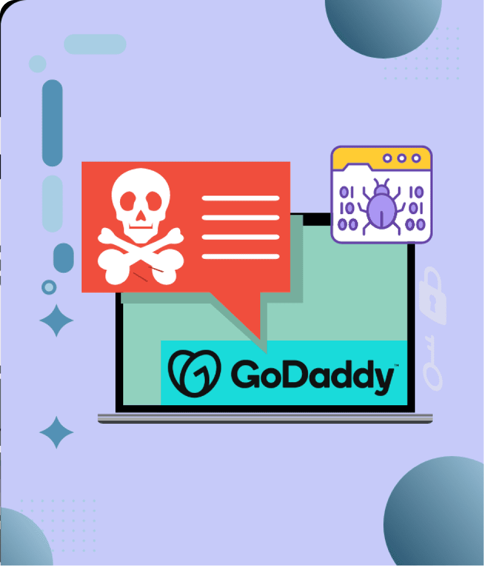 Un ordinateur portable affichant le logo GoDaddy, avec une bulle de dialogue crâne/os et une icône de bogue/code binaire