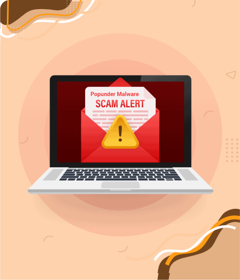 Un ordinateur portable affichant une alerte de malware Popunder avec un panneau d'avertissement et un texte « SCAM ALERT »