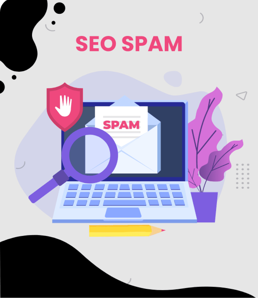 Illustration d'un ordinateur portable avec un bouclier, une loupe et un e-mail « SPAM » pour la sécurité SEO