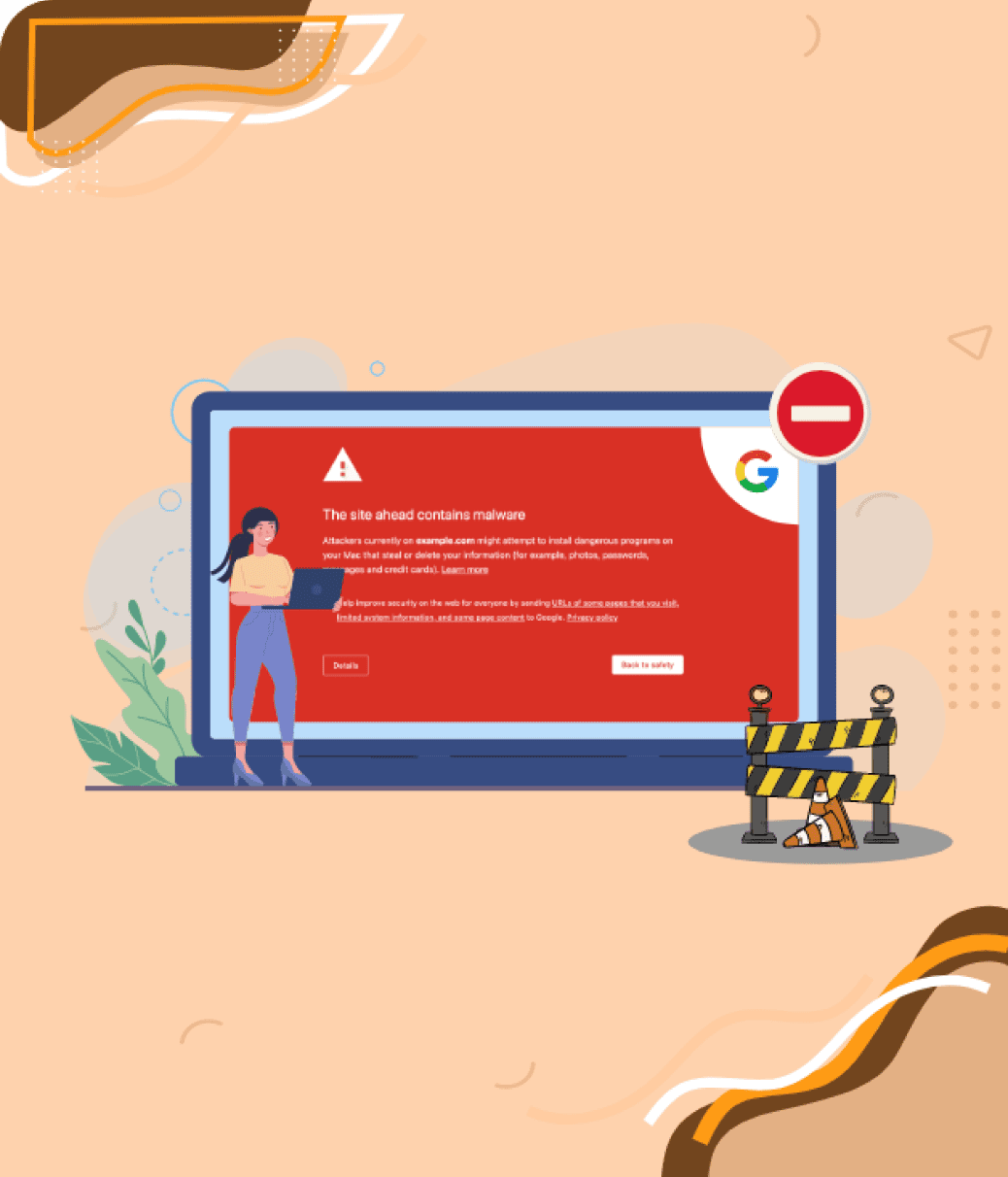 Capture d'écran : Avertissement Google de site malveillant avec femme, ordinateur portable et barrière de chantier