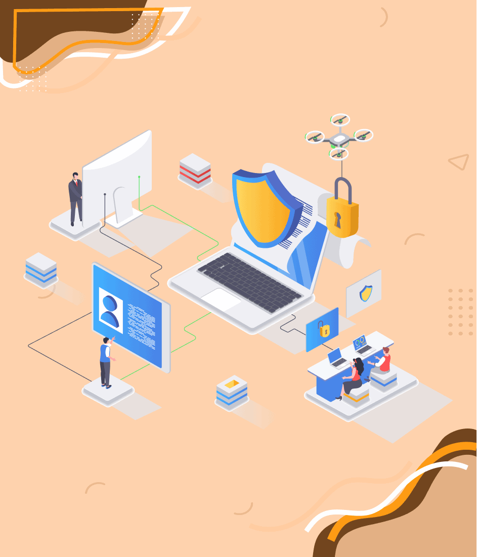 Sécurité web : ordinateur portable avec bouclier, cadenas, drone, et personnes gérant des données et la protection