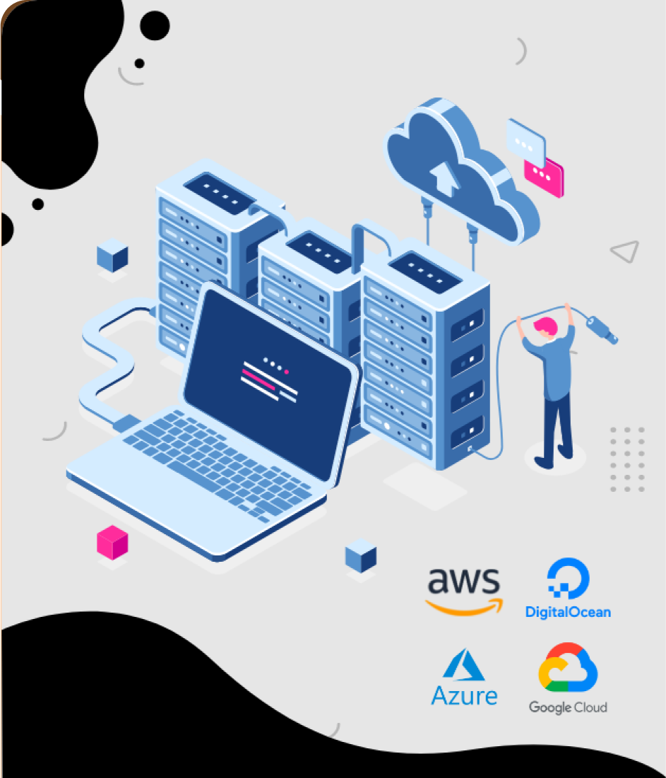 Illustration isométrique de serveurs, d'un ordinateur portable, d'un nuage et de logos de fournisseurs de cloud (AWS, Azure