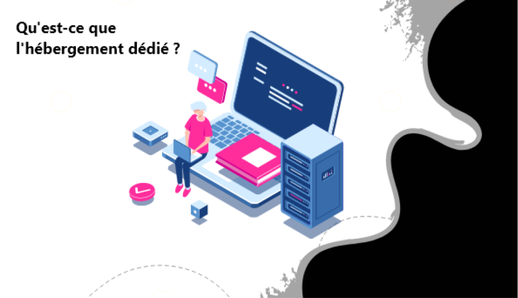 Illustration isométrique d'une personne travaillant sur un ordinateur portable à côté d'un serveur et d'un grand ordinateur