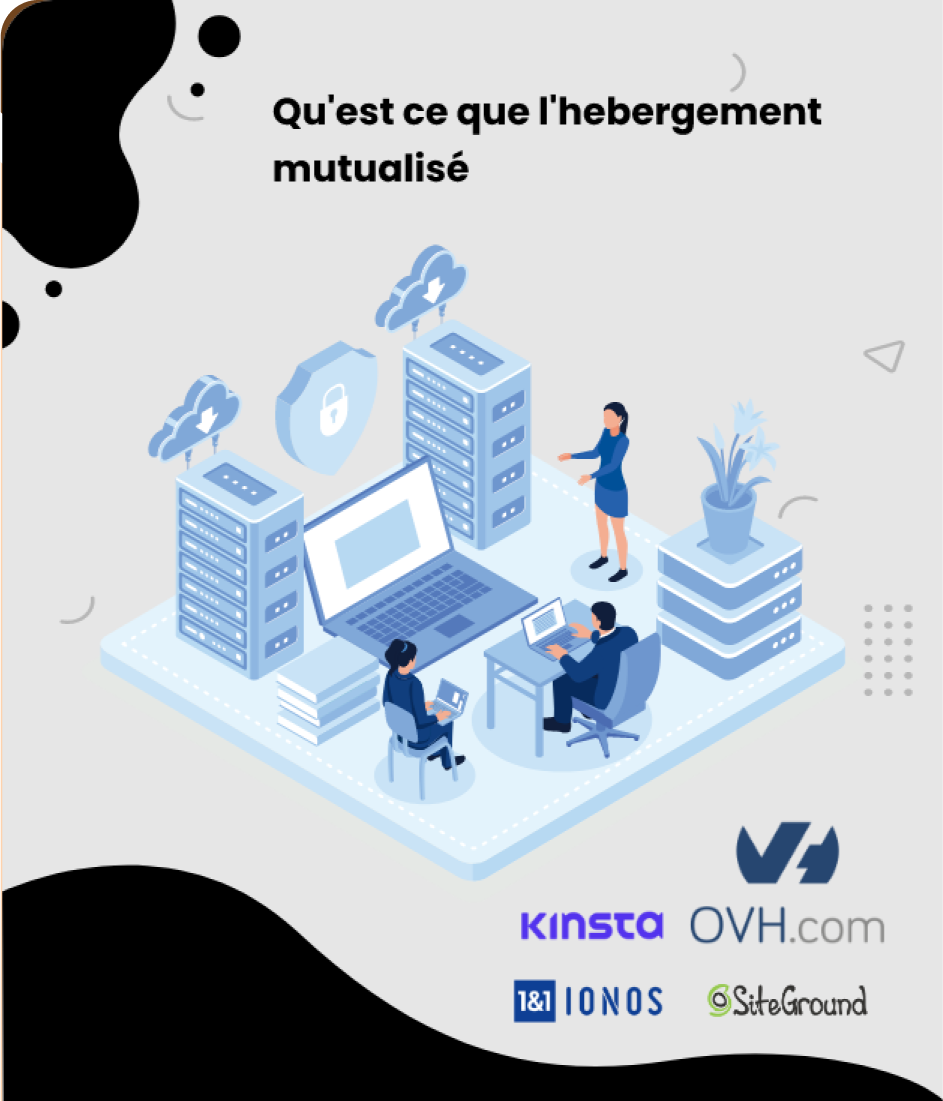 Capture d'écran : Illustration de l'hébergement mutualisé avec serveurs, ordinateurs, personnes et logos d'hébergeurs