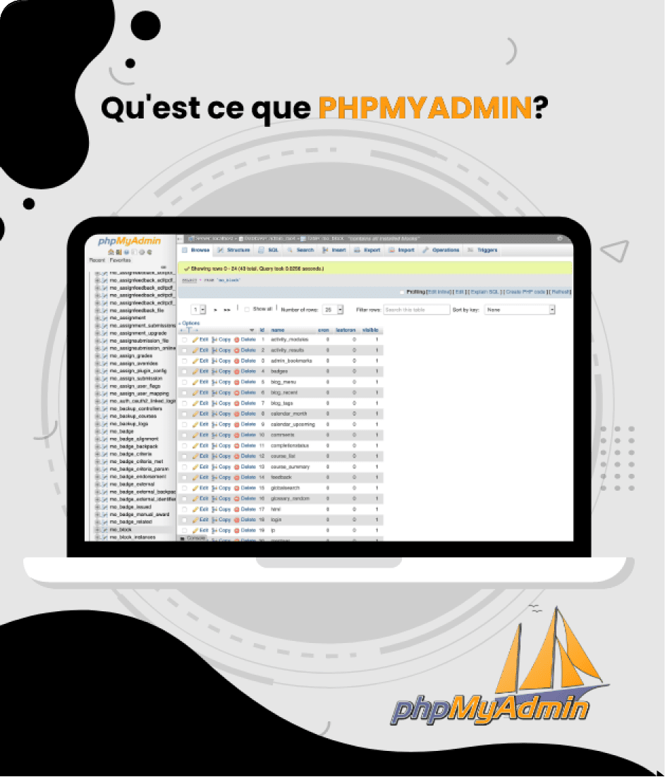 Capture d'écran : Interface phpMyAdmin affichant des tables de base de données WordPress sur un ordinateur portable