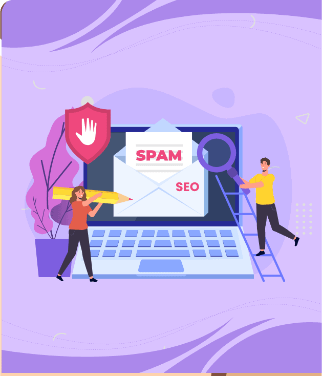 Illustration de la sécurité web : un bouclier, un ordinateur avec un email « SPAM » et « SEO », et deux personnes