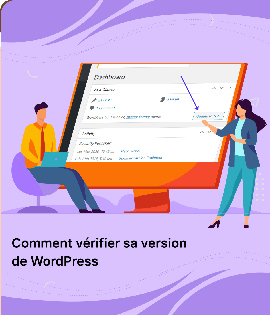 Capture d'écran : Tableau de bord WordPress affichant la version 5.5.1 et un bouton « Update to 5.7 »