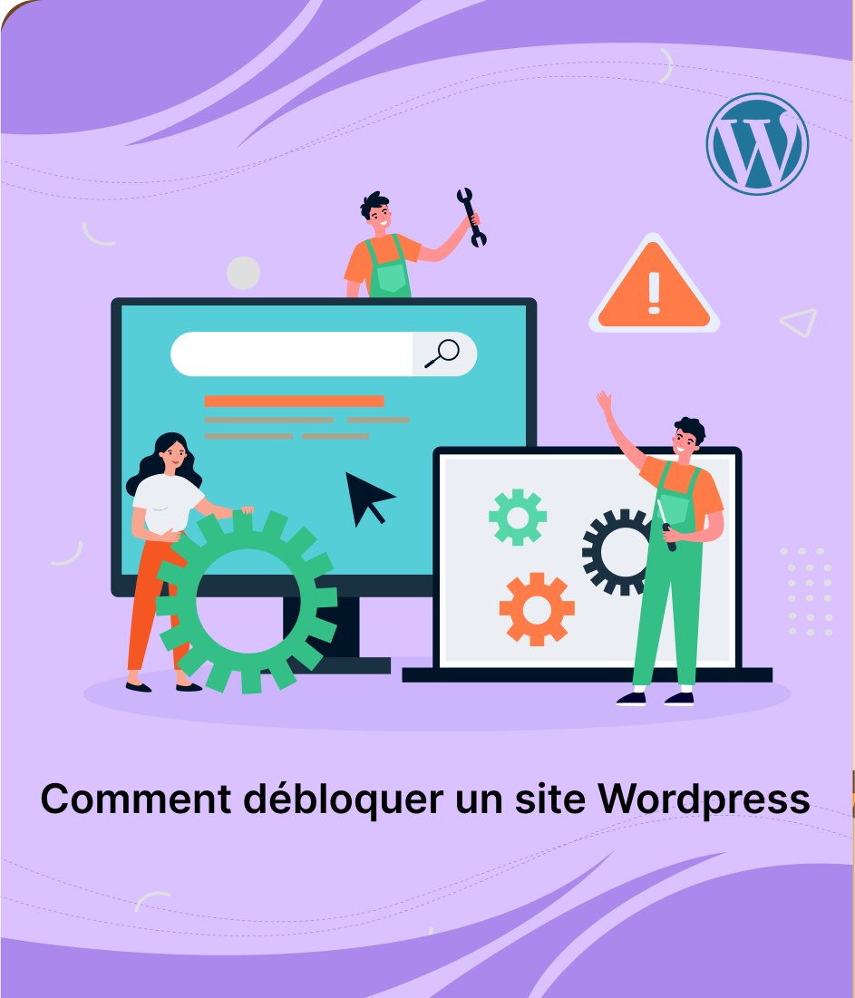 Illustration de techniciens réparant un site WordPress avec des engrenages, un écran d'ordinateur et un panneau