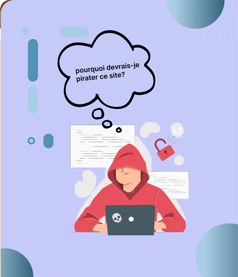 Un hacker en sweat à capuche devant un ordinateur portable avec un crâne, pensant « pourquoi devrais-je pirater ce site? »