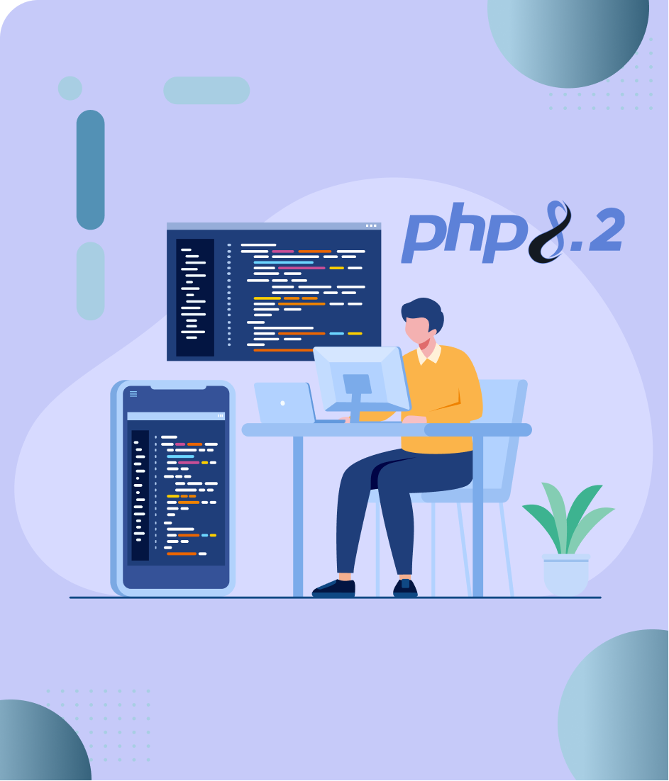 Développeur codant sur ordinateur et smartphone, avec le logo PHP 8.2 en arrière-plan