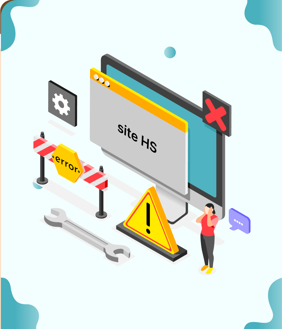 Illustration isométrique d'un site web HS sur écran, avec barrière « error », panneau danger, clé et personne inquiète