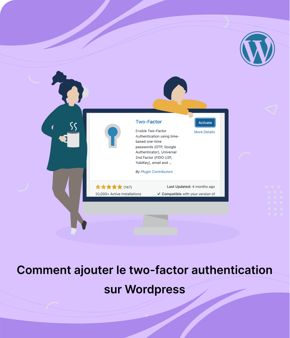 Capture d'écran : Plugin Two-Factor sur WordPress, avec deux personnages et le logo WordPress