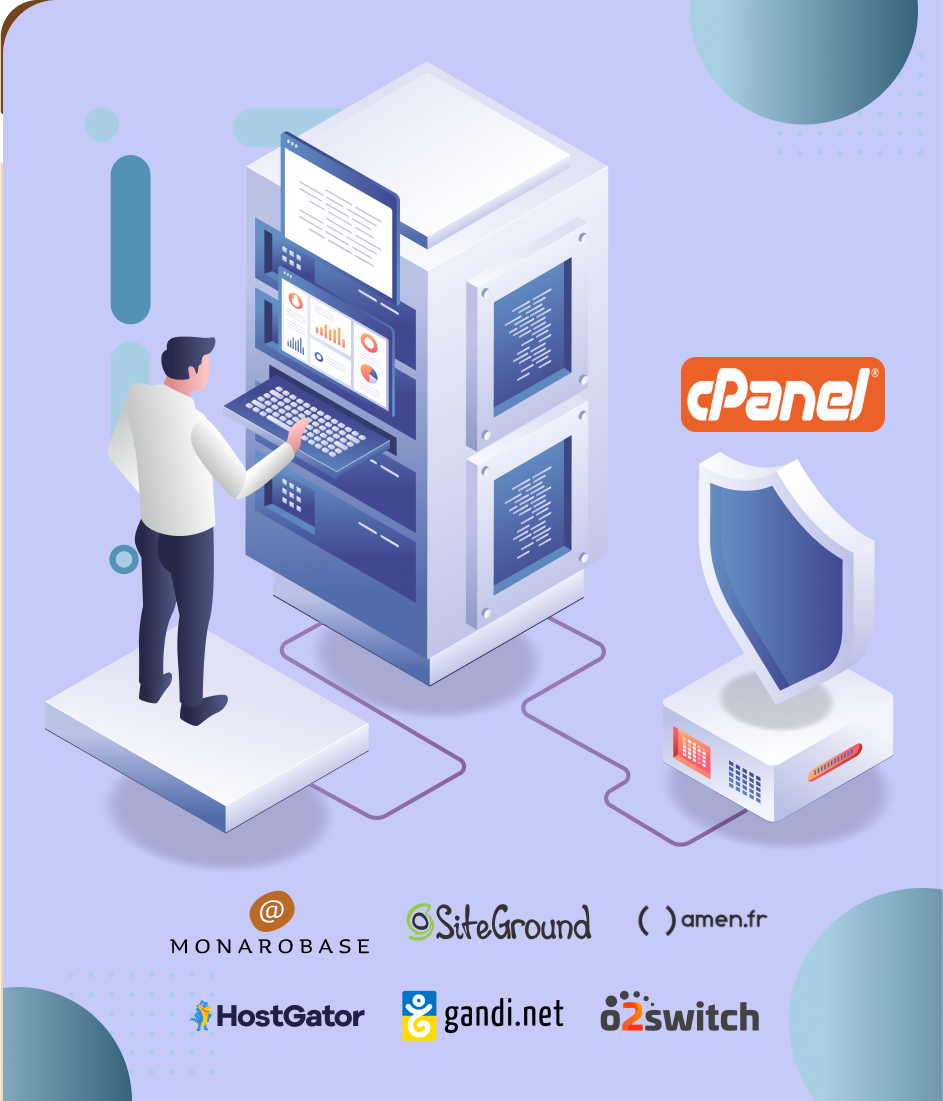 Illustration d'un homme gérant un serveur, avec le logo cPanel, un bouclier de sécurité et des logos d'hébergeurs
