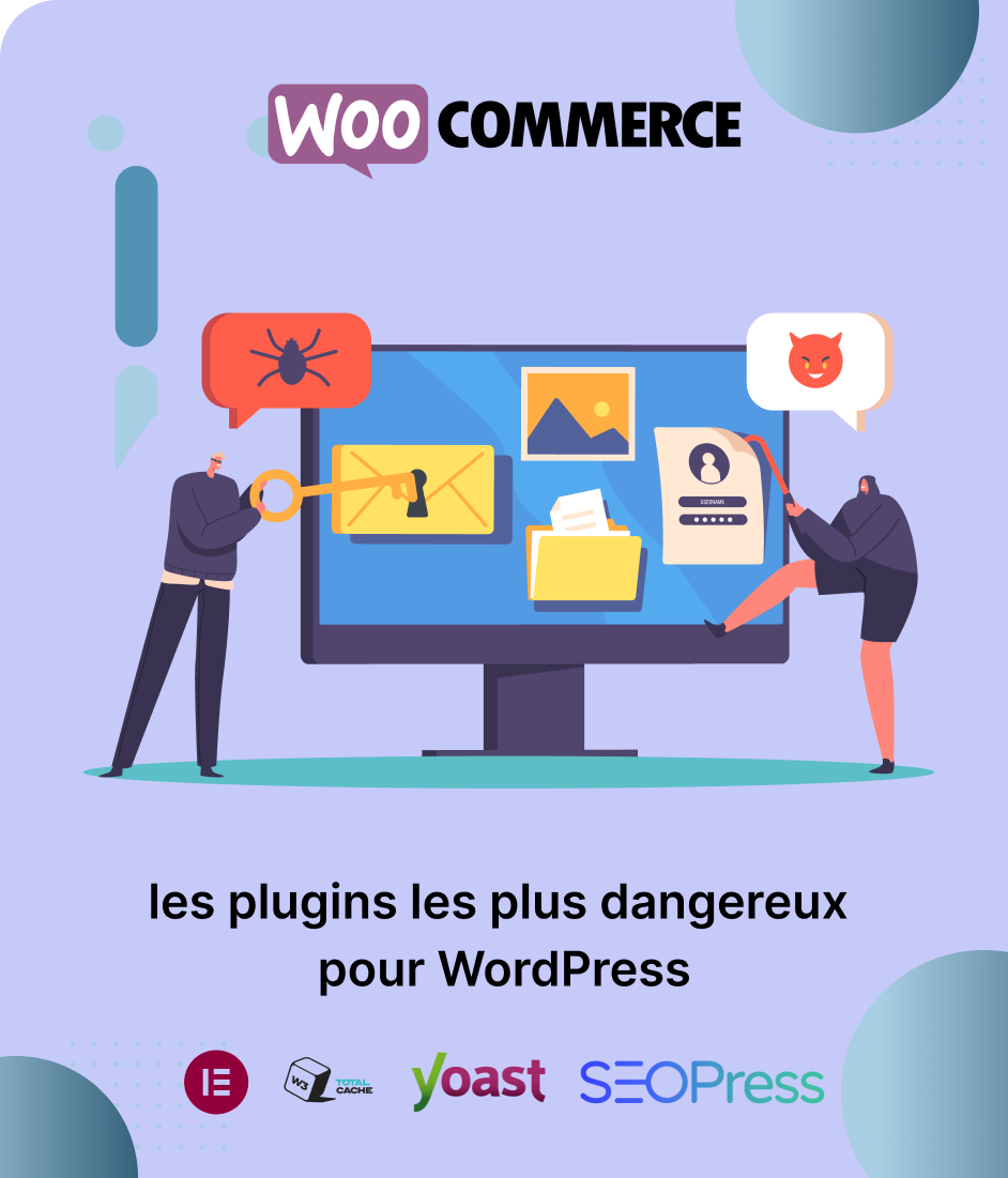 Illustration de la sécurité WordPress : un pirate vole des données, un autre injecte un virus. Logo WooCommerce en haut