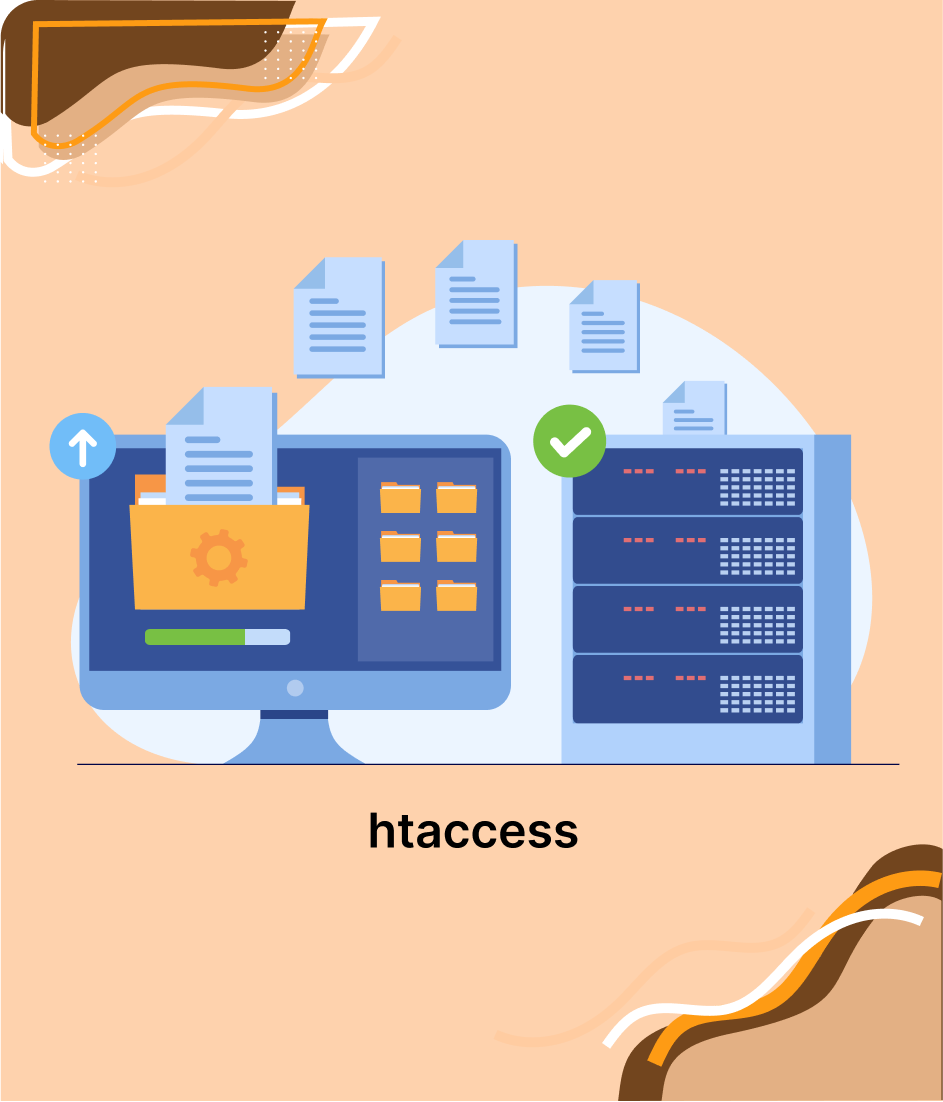 Illustration d'un écran d'ordinateur affichant des fichiers et dossiers, avec des serveurs et le texte « htaccess »