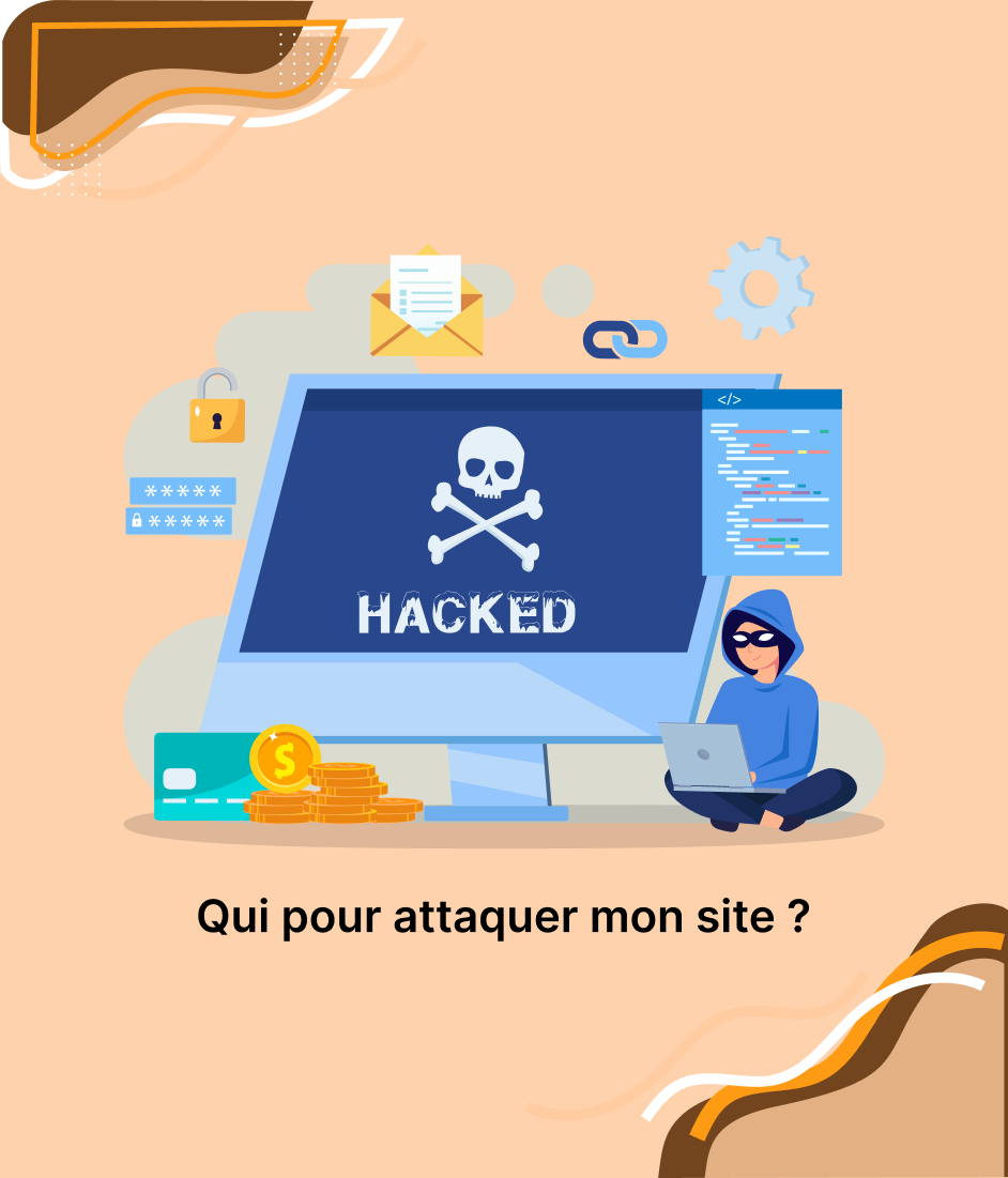 Un hacker devant un écran affichant « HACKED » avec un crâne, symbolisant une attaque de site web