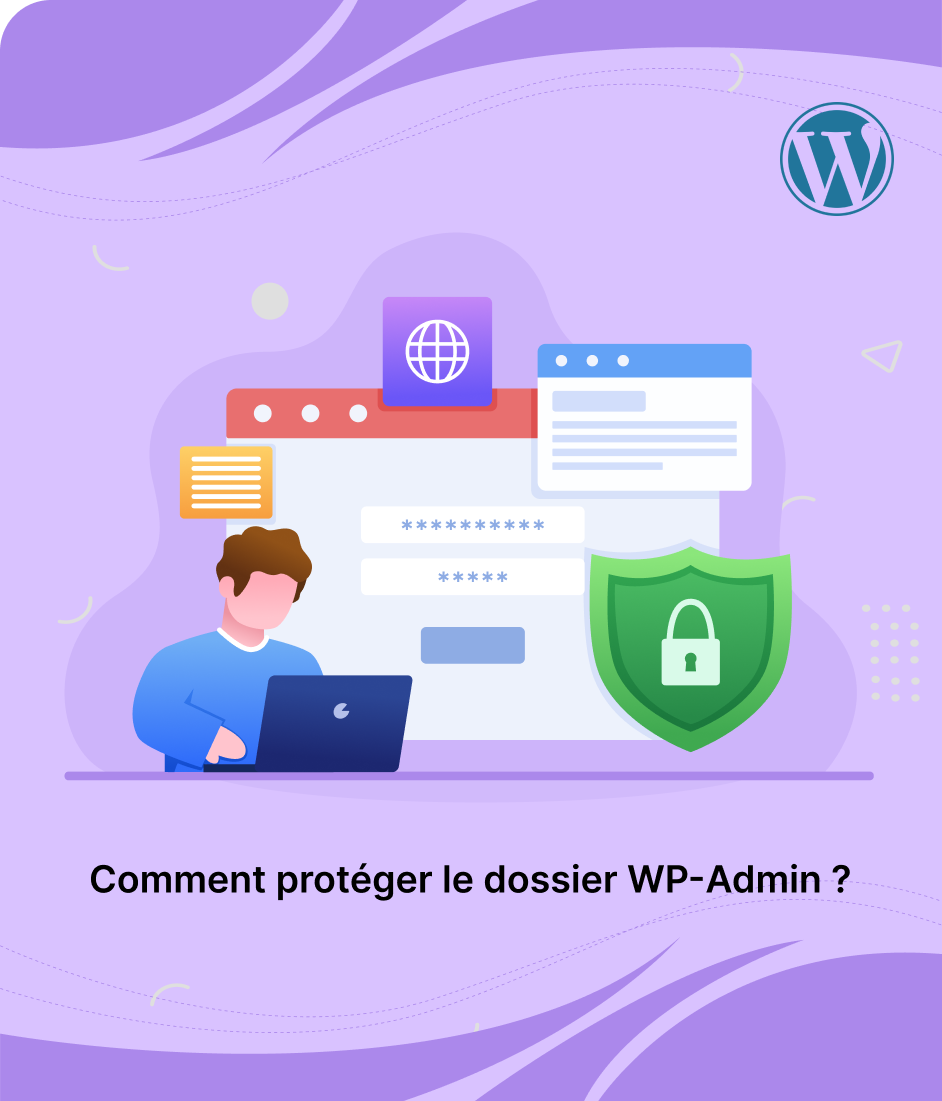 Illustration d'un homme sur ordinateur, avec un formulaire de connexion, un bouclier et le logo WordPress