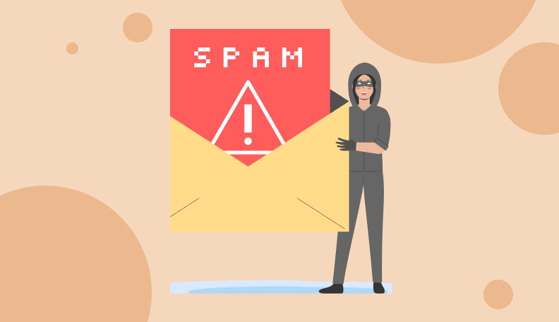 Un hacker masqué tenant une enveloppe de spam avec un panneau d'avertissement et le mot « SPAM »