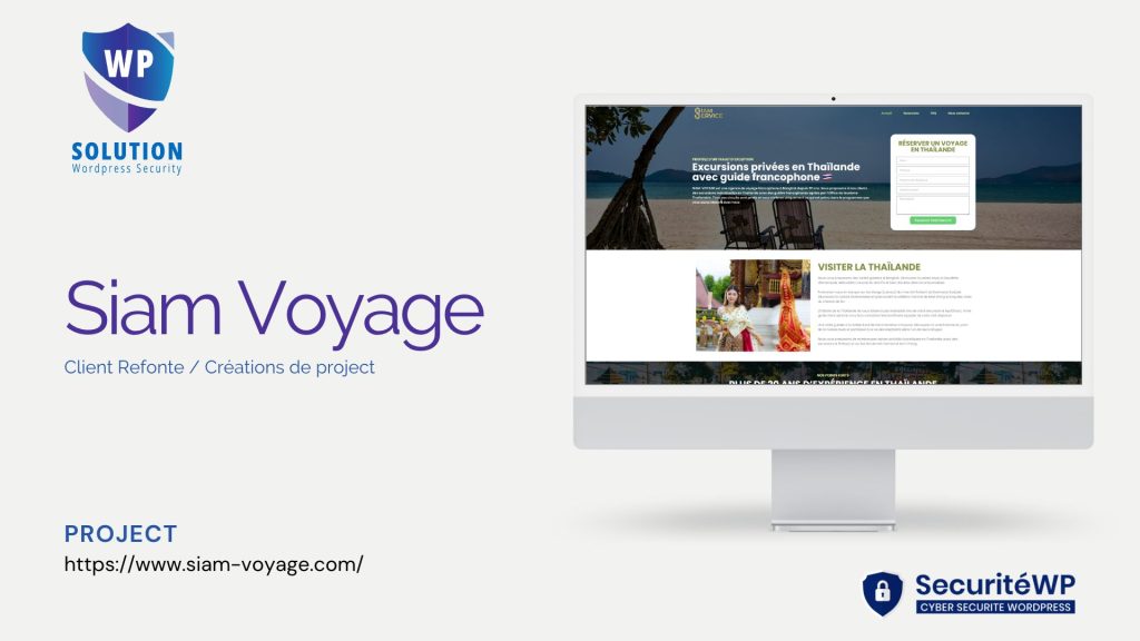 Capture d'écran : Site web Siam-Voyage affiché sur un écran d'ordinateur, avec le logo SécuritéWP en bas à droite