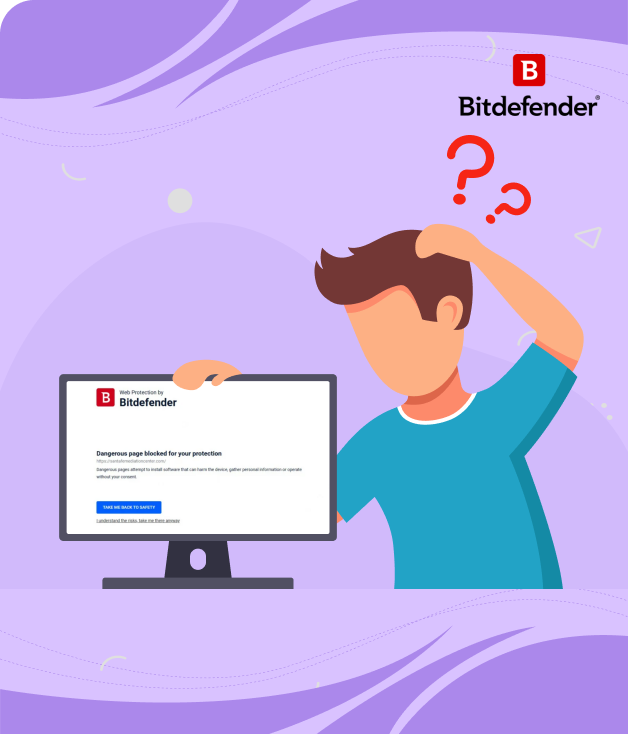 Capture d'écran : Un homme perplexe devant un écran affichant un blocage de page par Bitdefender
