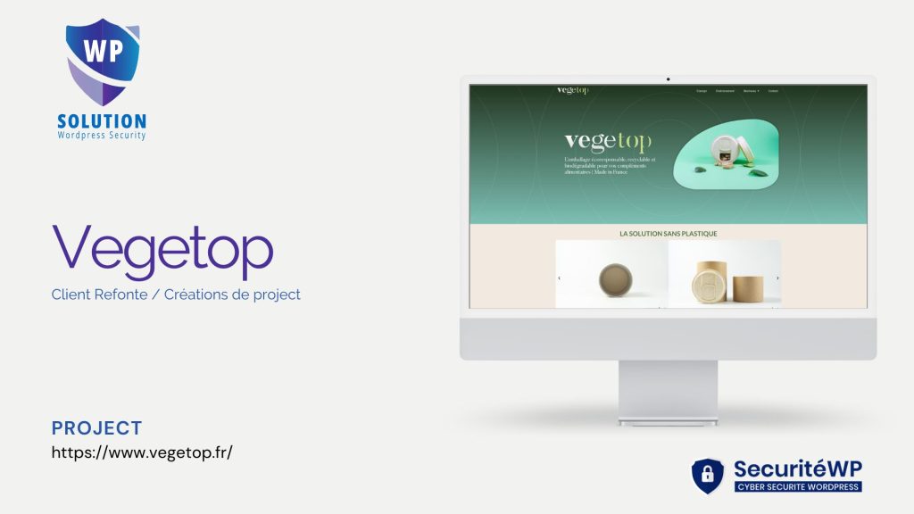 Capture d'écran : Site Vegetop affiché sur un moniteur, présentant des emballages écologiques et la solution sans plastique