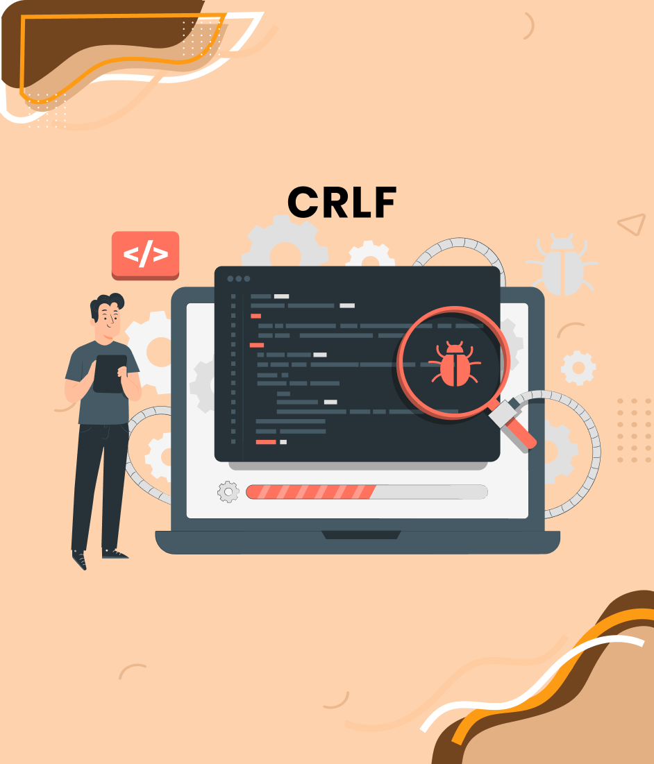 Illustration d'un développeur devant un ordinateur portable affichant du code, une loupe avec un bug, et le texte « CRLF »
